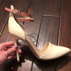 Cream and brown ankle strap heels